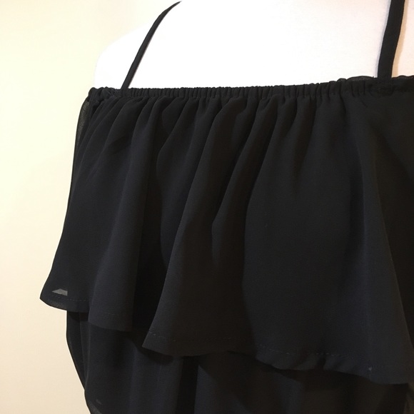 Off Shoulder Chiffon Ruffle Overlay Cami Romper - Picture 2 of 4